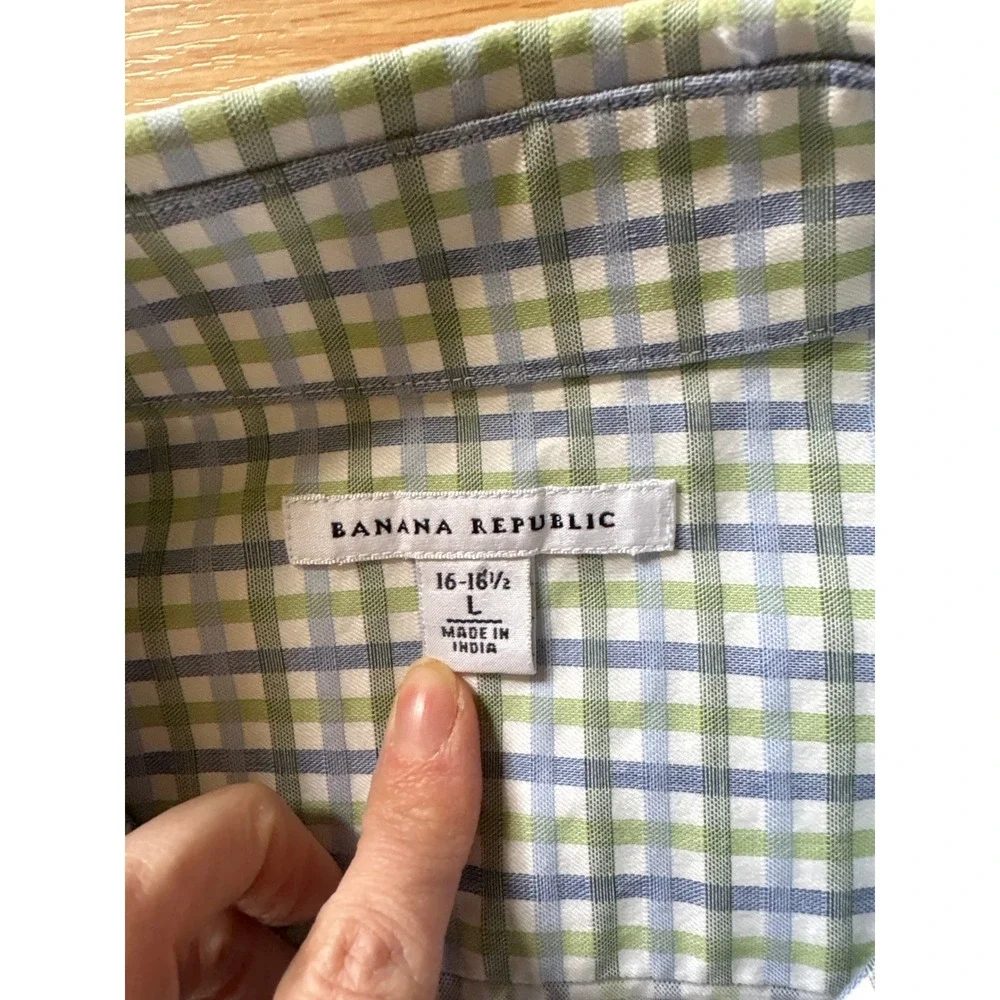 Banana Republic Button Down Shirt Mens L Blue Green Check Cotton Casual‎